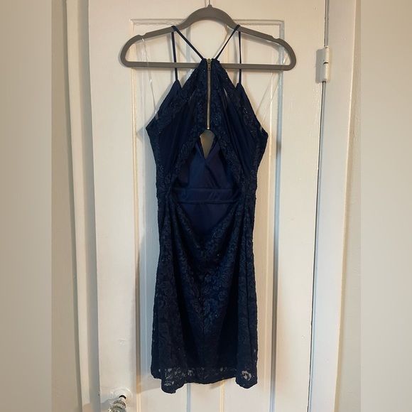 Juniors Emerald Sundae Lace Mesh Cutout Back Body-con Mini Dress Navy Blue Large - Picture 5 of 8